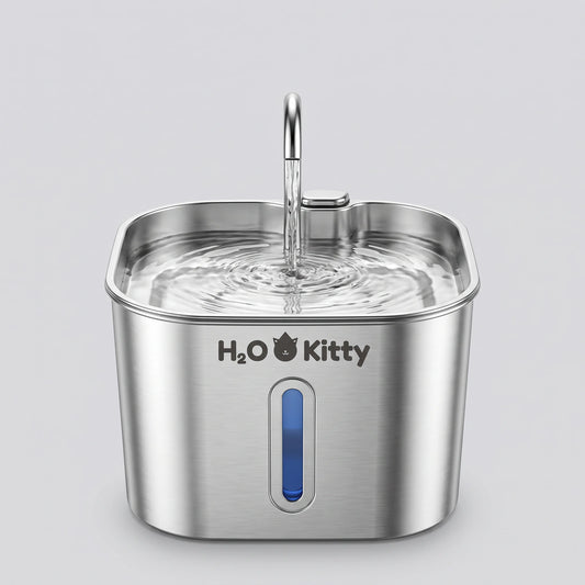 H2OKitty stainless steel cat water fountain, front view